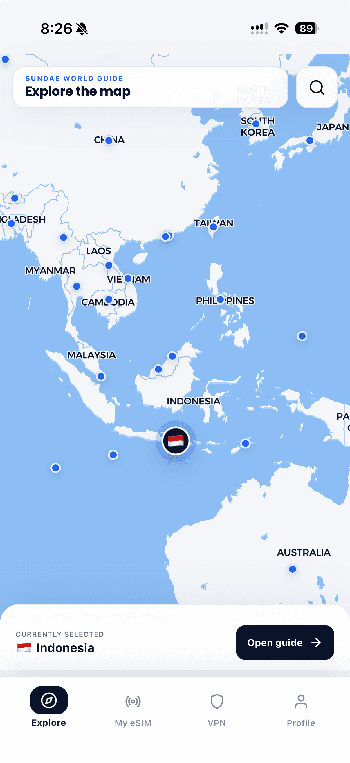 Sundae Explore screen showing the world guide map with Indonesia selected